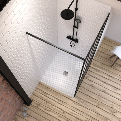 Pack paroi de douche 90x200 cm noir mat + receveur haut a poser 90x90cm - blanc effet pierre Aurlane - PACF072