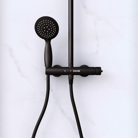 Paroi de douche 120cm verre 8mm - profilé + barre extensible + colonne de douche mécanique noir mat Aurlane - PACF342