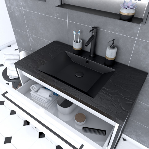 Meuble de salle de bain 80x50cm blanc - 2 tiroirs blanc - vasque résine noire effet pierre - structura p016 Aurlane - PACM016