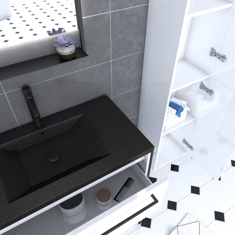 Pack meuble salle de bain + colonne - 80x50 -2 tiroirs noir - vasque noir et miroir led noir mat Aurlane - PACM019