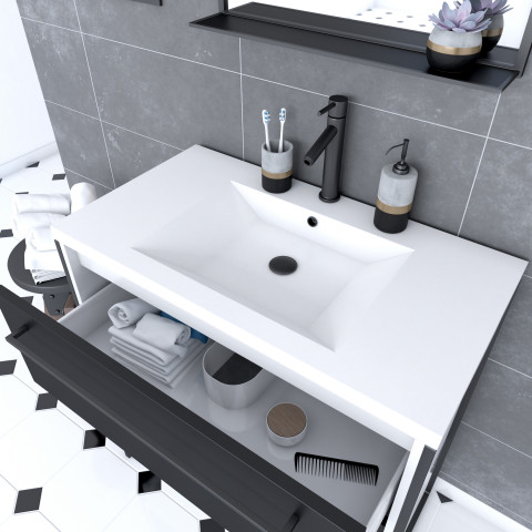 Pack meuble de salle de bain 80x50cm blanc - 2 tiroirs noir mat - vasque résine blanche et miroir noir mat - structura p023