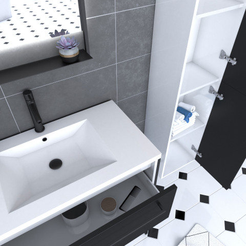 Pack meuble de salle de bain 80x50 noir - 2 tiroirs + vasque resine blanche + miroir + colonne