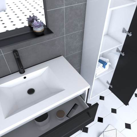Pack meuble de salle de bain 80x50 cm noir - vasque résine blanche + miroir noir mat + colonne Aurlane - PACM025
