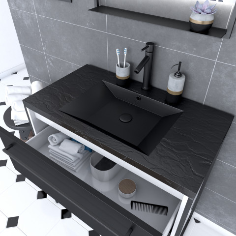 Meuble de salle de bain 80x50cm blanc - 2 tiroirs noir mat - vasque résine noire effet pierre - structura p027 Aurlane - PACM027