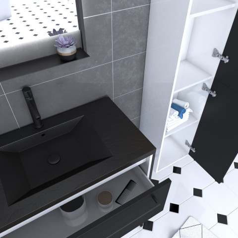 Ensemble meuble de salle de bain 80x50 cm - vasque noir effet pierre + colonne + miroir