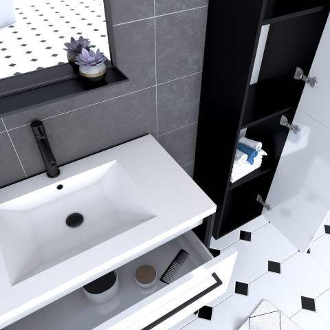 Ensemble de salle de bain 80 cm blanc finition noir + vasque blanche+ miroir + colonne de rangement Aurlane - PACM047