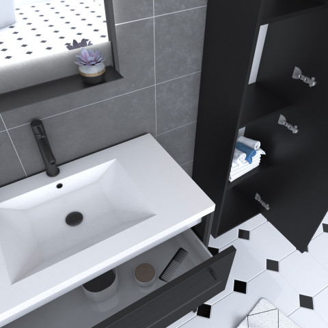 Meuble salle de bains 80 cm, vasque blanche, miroir led et colonne - noir - structura