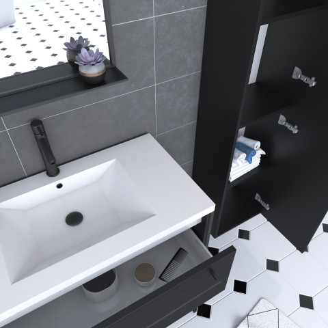 Pack meuble de salle de bain 80x50 cm blanc - 2 tiroirs - vasque blanche - miroir - colonne suspendu Aurlane - PACM058