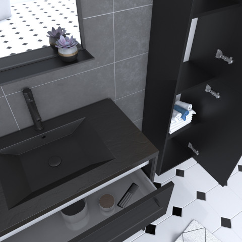 Pack meuble de salle de bain 80x50 cm noir - 2 tiroirs - vasque noire - miroir - colonne suspendu Aurlane - PACM064