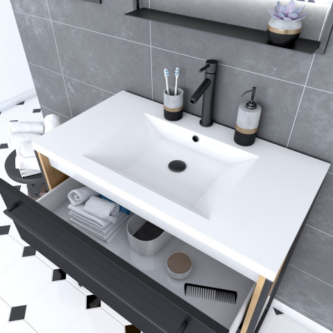 Meuble de salle de bain 80x50cm - vasque blanche 80x50cm - 2 tiroirs noir mat Aurlane - PACM087