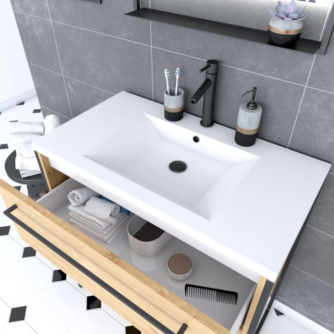 Meuble de salle de bain 80x50cm - vasque blanche 80x50cm - 2 tiroirs finition chêne naturel + miroir