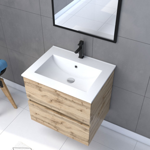 Meuble salle de bain 60x54cm - finition chene naturel + vasque blanche + miroir - timber 60 - pack09