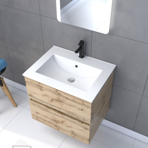Meuble salle de bain 60x54 - finition chene naturel + vasque blanche + miroir led - timber 60 - pack10
