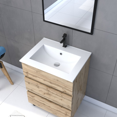 Meuble salle de bain 60 x 80 - finition chene naturel + vasque blanche + miroir - timber 60 - pack15 Aurlane - PACM225