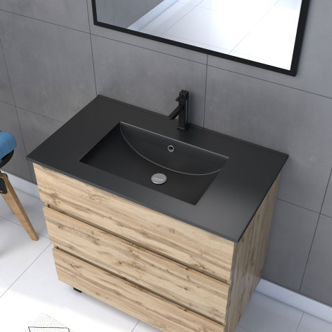 Meuble salle de bain 80x80 cm - finition chene naturel + vasque noire + miroir - timber 80 - pack17