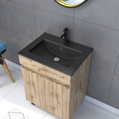 Meuble salle de bain 60x80 - finition chene naturel + vasque noire + miroir barber - timber 60 - pack20