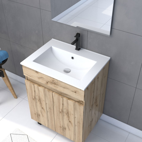Meuble salle de bain 60x80 - finition chene naturel + vasque blanche + miroir led - timber 60 - pack21
