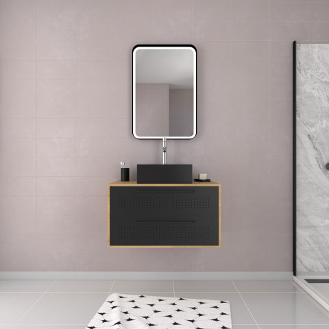 Pack meuble de salle de bain caisson 2 tiroirs + vasque carrée + miroir led - uby 80cm Aurlane - PACM273