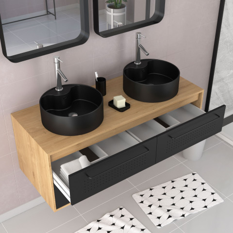 Meuble de salle de bains 120 cm - 2 vasques rondes et colonne - chêne naturel et noir mat - uby