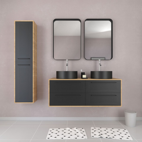 Meuble salle de bains 120cm_vasques rondes_miroirs et colonne - chêne naturel et noir - uby