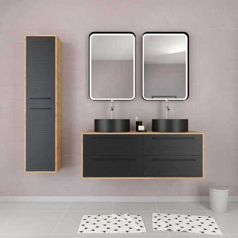 Meuble salle de bains 120cm_vasques rondes_miroirs led et colonne - chêne naturel et noir - uby