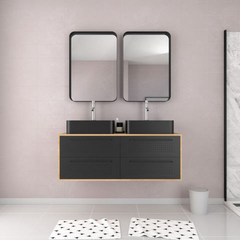 Meuble de salle de bains 120 cm_2 vasques rectangles_2 miroirs - chêne naturel et noir mat - uby Aurlane - PACM284