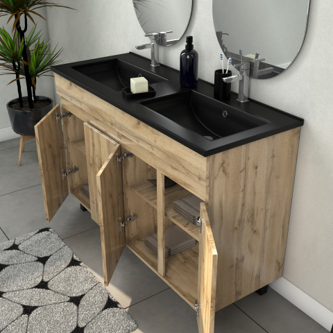 Meuble salle de bains 120cm 4 portes chêne industriel + vasque noire et miroirs ovales Aurlane - PACM308