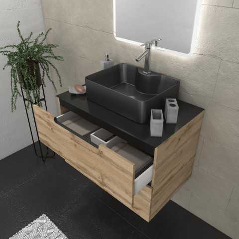 Meuble salle de bains 80cm 2 tiroirs finition chêne et noir - vasque noire - miroir led - omega