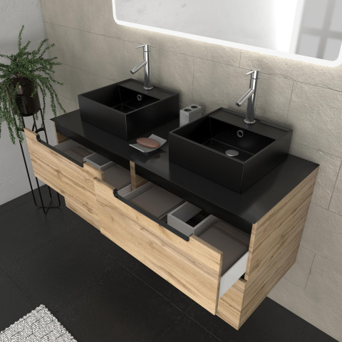 Meuble salle de bains 120cm chêne et noir, vasques carrées et miroir led 120x70 - omega Aurlane - PACM508
