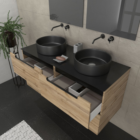 Meuble salle de bains 120cm chêne et noir, vasques rondes ø36 & miroirs avec appliques 55x75 - omega Aurlane - PACM599