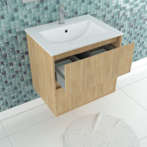 Pack meuble salle de bains 60cm chêne clair 2 tiroirs, vasque, miroir 60x80 à leds intégrées - xenos Aurlane - PACM616