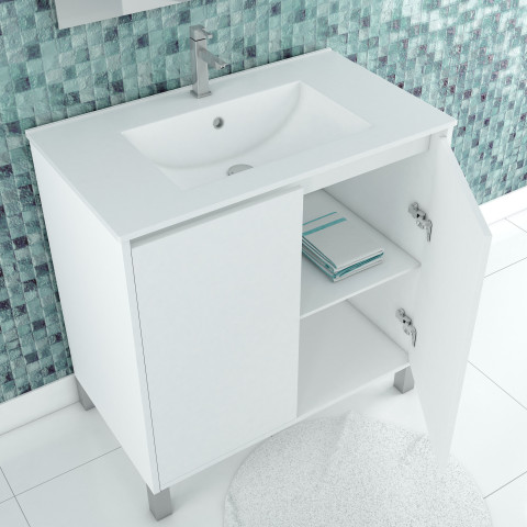 Pack meuble salle de bains 80cm blanc 2 portes, vasque, miroir 60x80 à leds intégrées - xenos