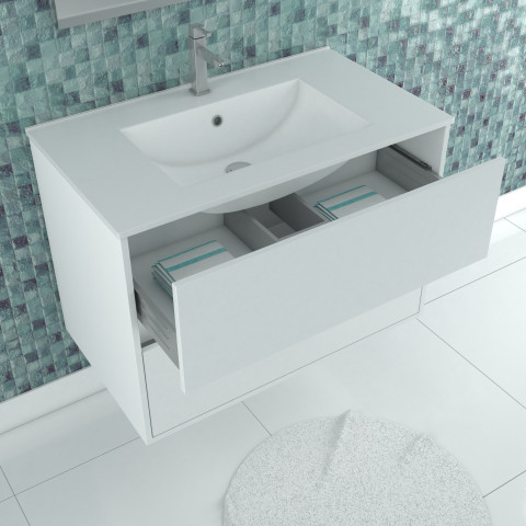 Pack meuble salle de bains 80cm blanc 2 tiroirs, vasque, miroir 60x80 à leds intégrées - xenos