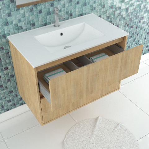 Pack meuble salle de bains 80cm chêne clair 2 tiroirs, vasque, miroir 60x80 et réglette led - xenos