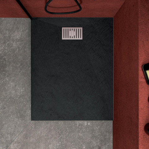 Pack receveur noir effet pierre 90x70 cm et grille décor linéaire en inox - pack rock 2 Aurlane - PACR133
