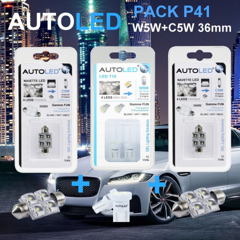 Pack p41 4 ampoules led / t10 (w5w) 4 leds + navette c5w 36mm 4 leds autoled®