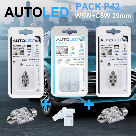 Pack p42 4 ampoules led / t10 (w5w) 4 leds + navette c5w 39mm 4 leds autoled®