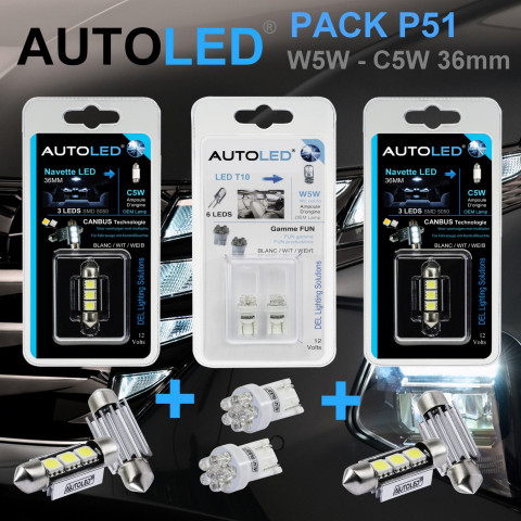 Pack p51 4 ampoules led / t10 (w5w) 6 leds + navette c5w 36mm 3 leds autoled®