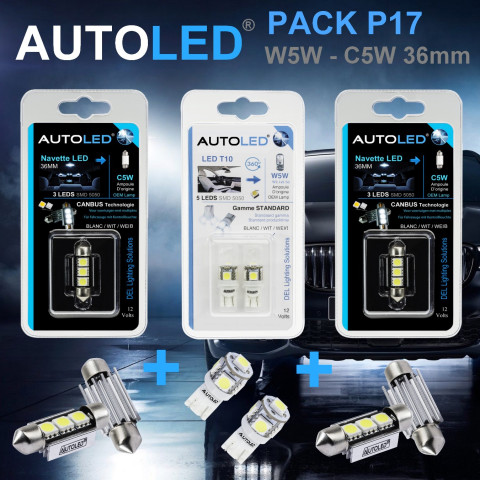 Pack p17 4 ampoules led w5w (t10)+navette led c5w 36mm canbus autoled®