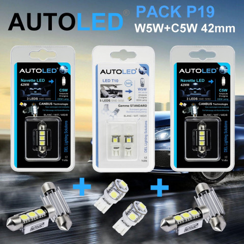 Pack p19 4 ampoules led w5w (t10)+navette c5w 42mm canbus autoled®