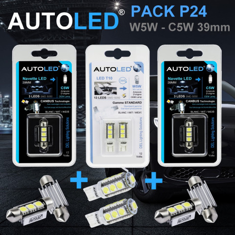 Pack p24 4 ampoules led w5w (t10)+navette c5w 39mm canbus autoled®
