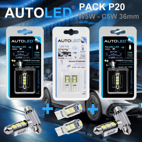 Pack p20 4 ampoules led w5w (t10)+navette c5w 36mm canbus autoled®