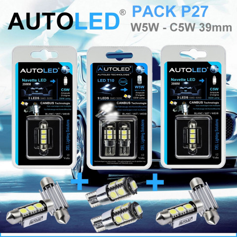 Pack p27 4 ampoules à leds - w5w (t10) 9 leds canbus+navette c5w 39mm canbus autoled®