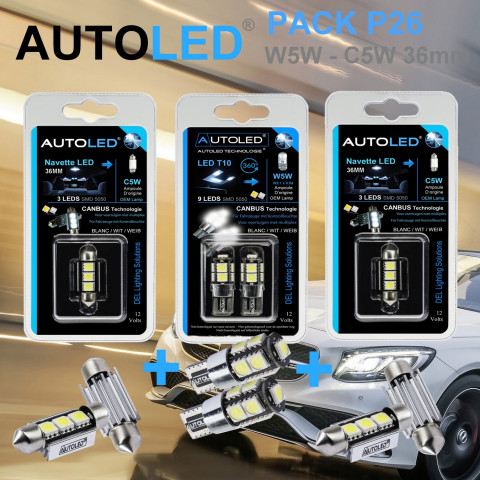 Pack p26 4 ampoules à led - w5w (t10) 9 leds canbus+navette c5w 36mm canbus autoled®