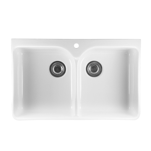 Evier céramique timbre d'office 2 bacs campagnard blanc