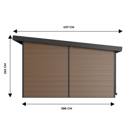Abri bois composite alma - 15m² brun - epaisseur des madriers : 28mm - cabane de jardin - grilles d'aeration - porte double - gouttiere
