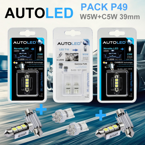 Pack p49 4 ampoules led / t10 (w5w) 6 leds + navette c5w 39mm 3 leds autoled®