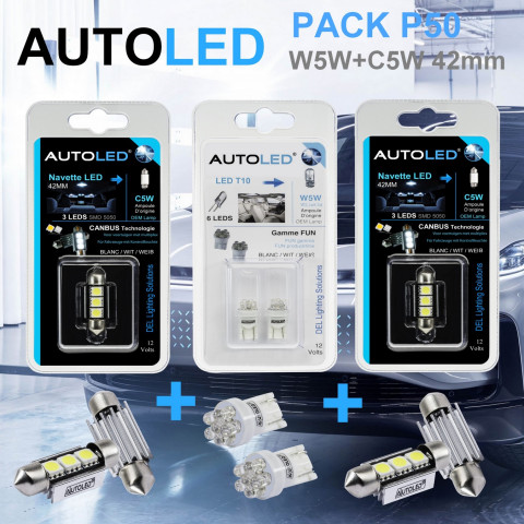 Pack p50 4 ampoules led / t10 (w5w) 6 leds + navette c5w 42mm 3 leds autoled®