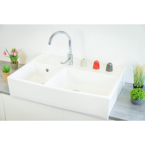Évier Céramique Timbre D'office 2 Bacs Country Blanc 90 cm