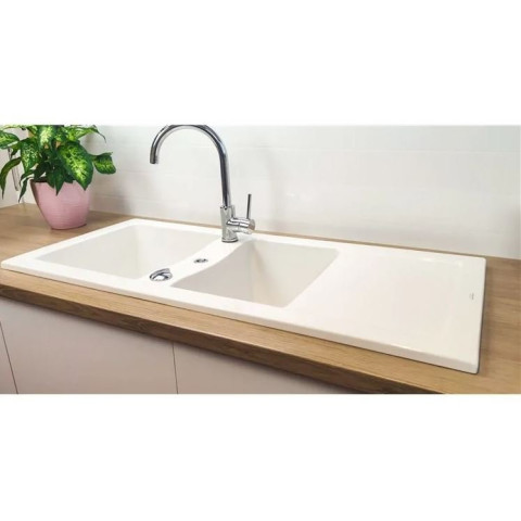 Evier céramique à encastrer Lingot Blanc Sarreguemines - 2 cuves avec égouttoir
